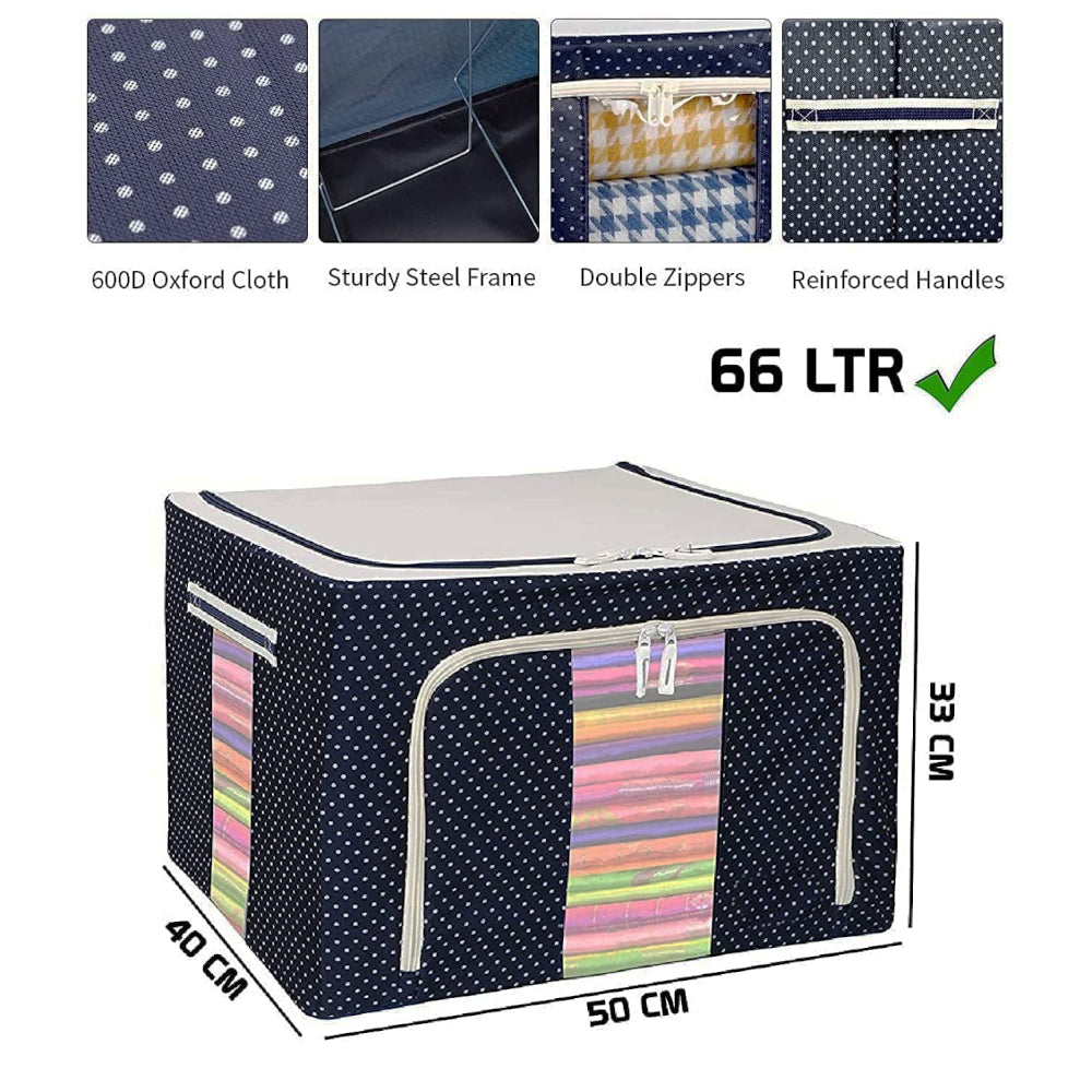 66L Clothes Storage Box Organizer - Waterproof & Moisture-Proof - Visible Steel Frame, Blue Dotted | EagleShopy